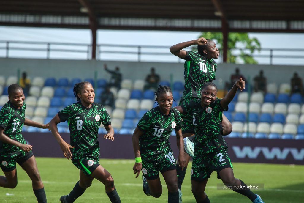 Nigeria U17 Flamingos celebrate Queen Joseph’s opening goal against Algeria during FIFA U17 Women’s World Cup qualifier at Remo Stadium.