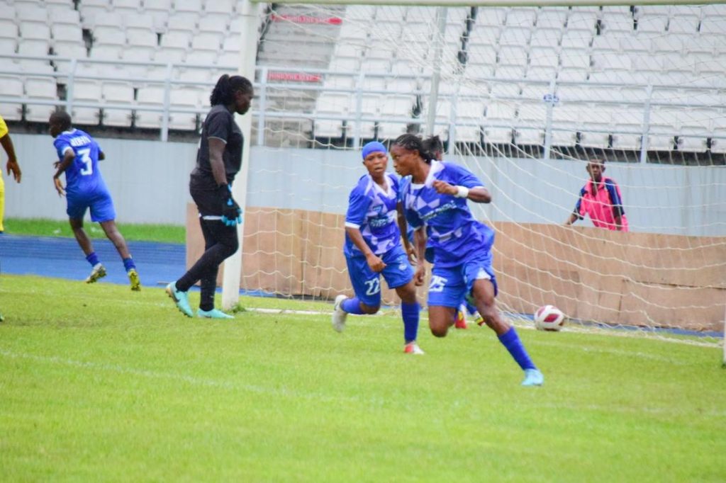 Rivers Angels player Mary Moses celebrates after scoring against Delta Queens during the NWFL Matchday 12 South-South derby.