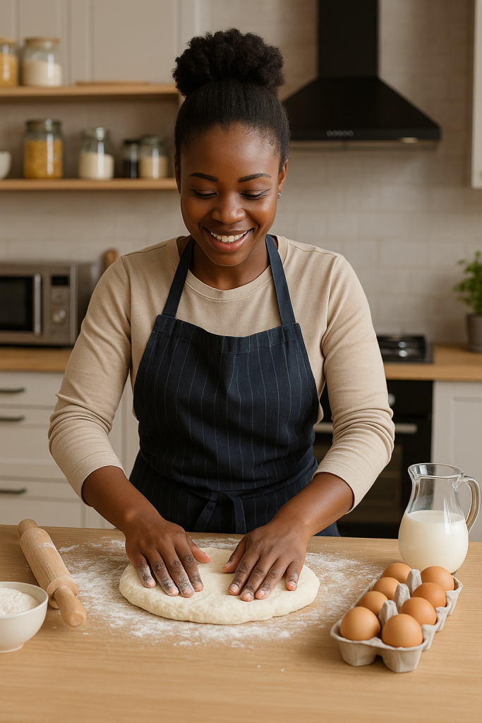 The Art of Sweet Beginnings: Introduction to Confectionery Magic An African woman baking in a modern, well-equipped kitchen, mixing ingredients in a bowl with baking tools and appliances around her.