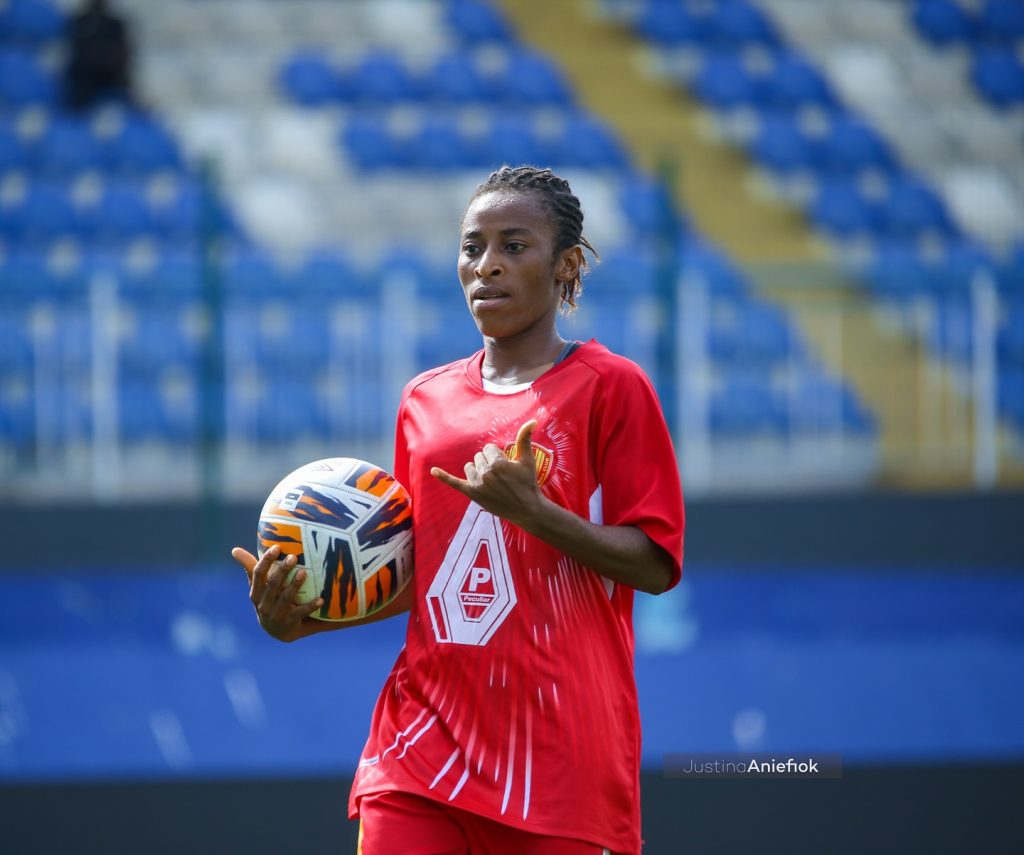 The 2025 NWFL Super 6 Title Race Is Wide Open — Thursday Fixtures Could Decide the Fate of the Trophy Emeh Essien of Edo Queens celebrates after scoring one of her two goals against Naija Ratels FC during NWFL Super 6 matchday 3