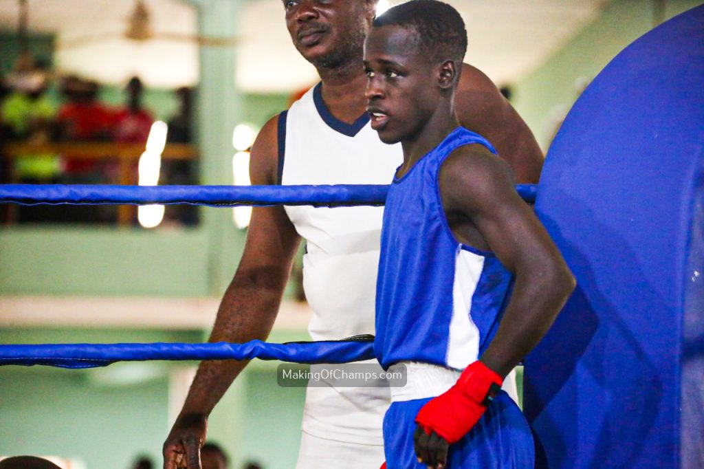 Abijuwon Faruq (Lagos State) stands in his corner, ready and focused, waiting for his opponent to arrive before securing a walkover victory at the National Sports Festival in Abeokuta