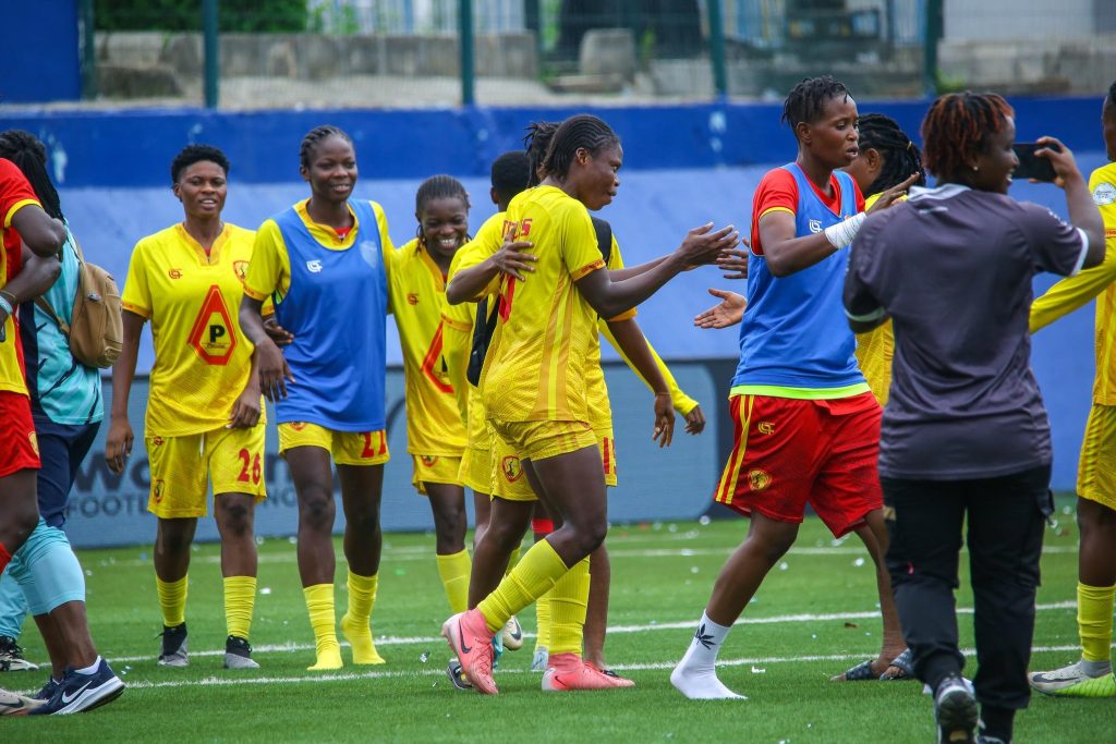 Edo Queens players celebrate on the pitch after defeating Bayelsa Queens in the NWFL Super 6 tournament