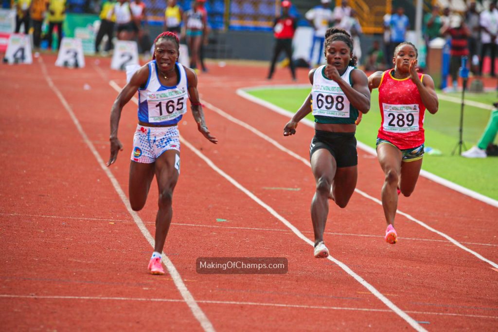Kate Odumoso, Obi Jennifer Chukwuka, and Bada Iyanuoluwa crossing the finish line in first, second, and third positions during the women’s 100m final at Gateway Games 2024.