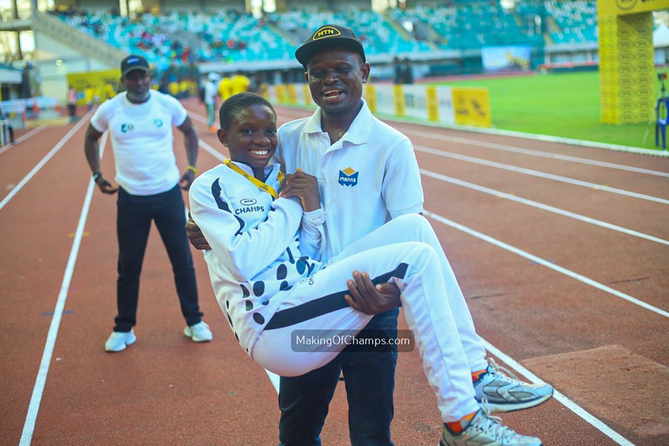 Bernice Onoriode Wins U17 100m at MTN Champs Uyo: Emotional Moment with Father Steals the Spotlight Felix Onoriode joyfully lifts his daughter Bernice after she wins the U17 Girls 100m final at the MTN Champs Grand Final in Uyo