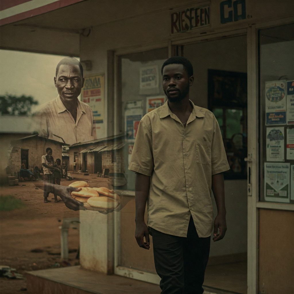 How a Loaf of Bread Saved a Future: A True Story on Kindness, Fate, and Full-Circle Moments A young Black African man in simple clothes stands at the entrance of a modest office, with a faded overlay showing a Black African father sharing bread with his family in a compound. Warm, soft lighting