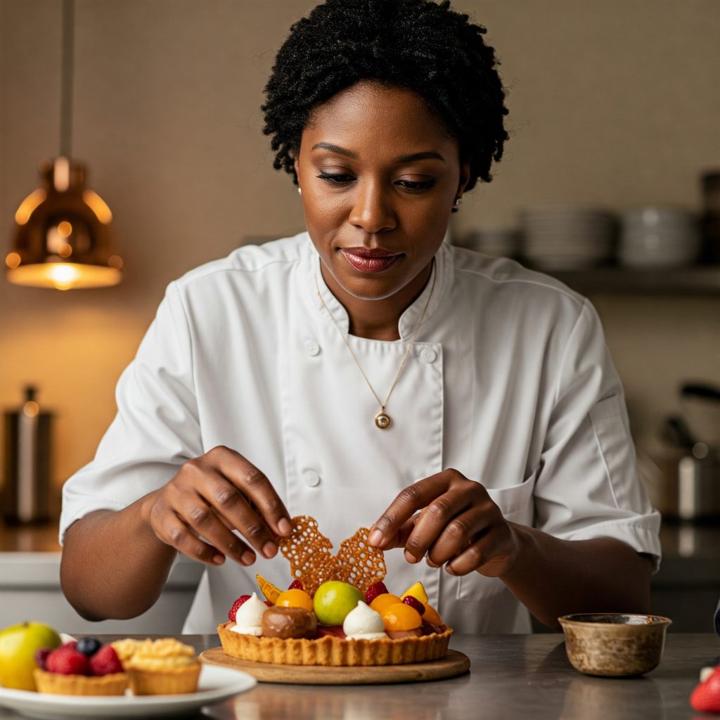 The Sweet Science of Texture and Flavor: Crafting Desserts That Truly Delight A pastry chef carefully places delicate decorations on a colorful fruit tart in a professional kitchen