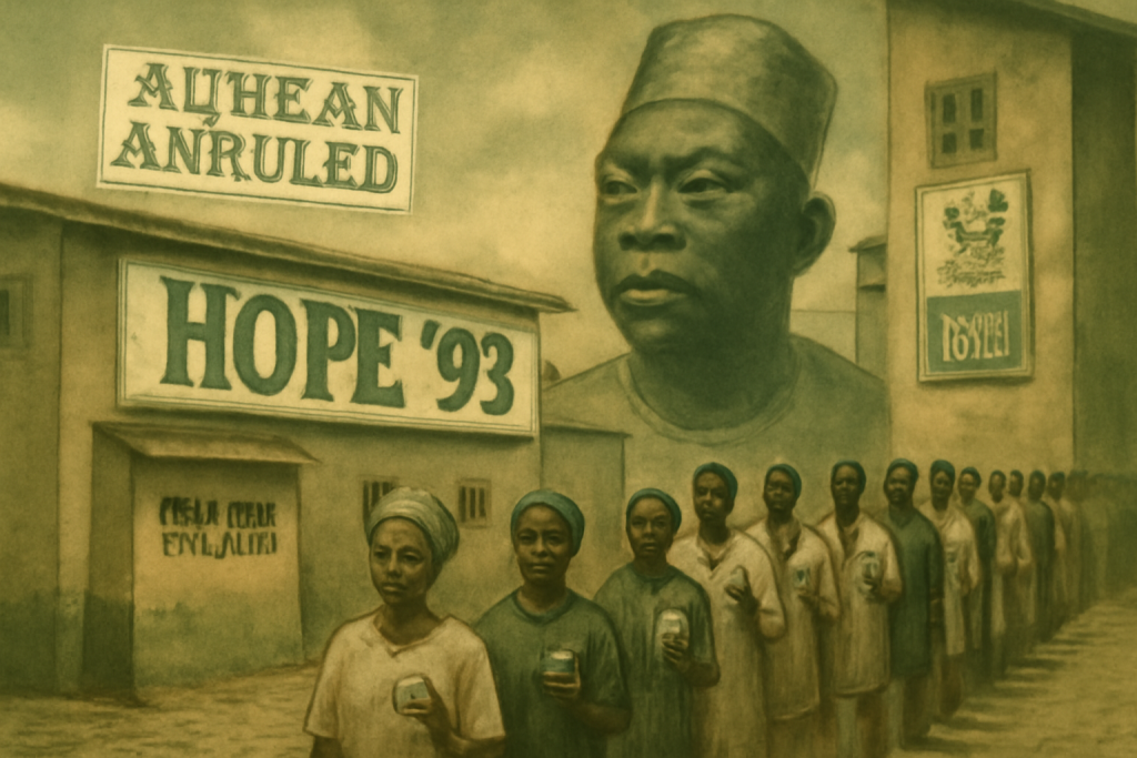 June 12, 1993: The Day Nigeria Voted for Change—and Was Denied A sepia-toned illustration of Nigerian voters standing in line at a polling station during the June 12 1993 elections, with a faded portrait of MKO Abiola in the background and a banner reading "HOPE '93". A newspaper headline floating above reads "Election Annulled