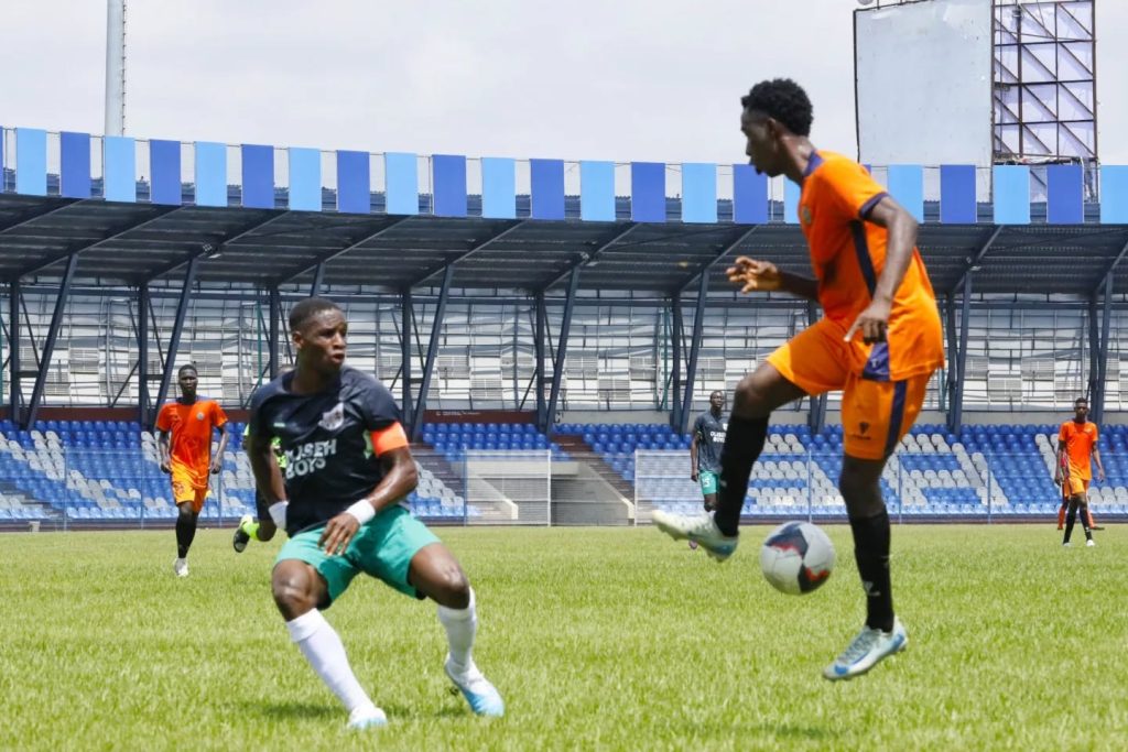 Real Sapphire FC players celebrate a goal against FC Ebedei during the Ibadan NLO Playoff match