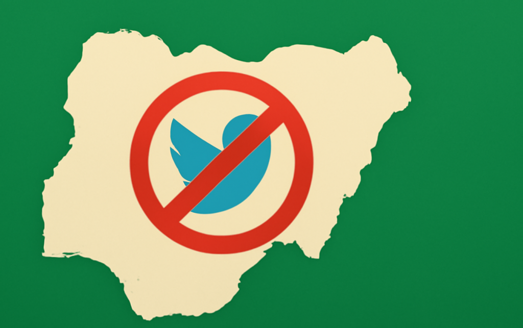 Illustration symbolizing the Twitter ban in Nigeria with a locked Twitter logo and the Nigerian map.