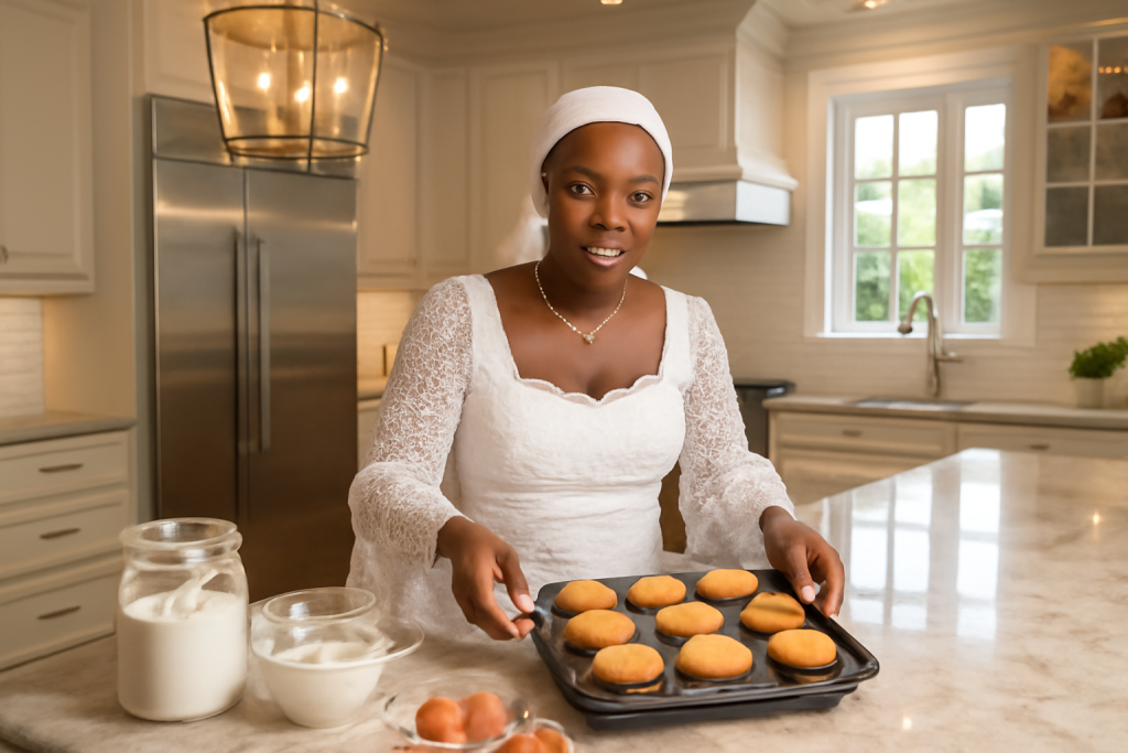 Sweet Inspiration: Trending Confectionery Designs to Try This Year Meenah, dressed in an elegant white lace gown, baking cupcakes in a luxurious and spacious kitchen.